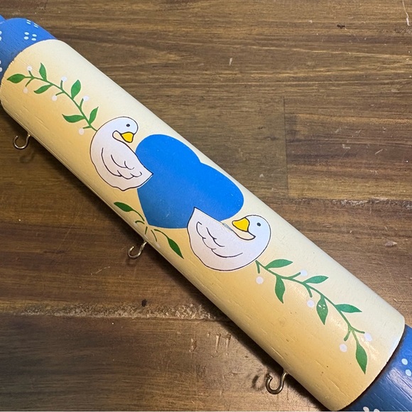 Vintage Duck Hand Painted Rolling Pin Wall Hanging Hooks Blue Cottagecore Granny - Picture 7 of 7